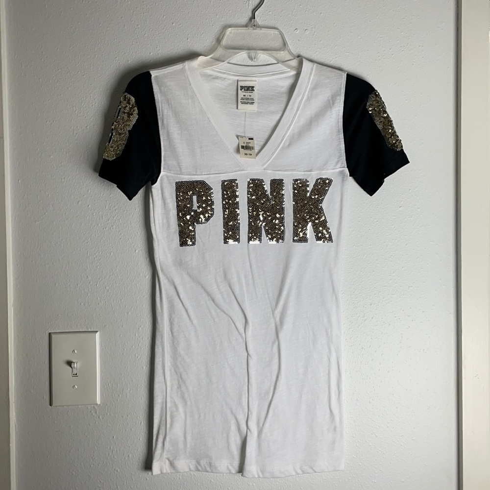 XS Victoria’s Secret v-neck PINK lettering in gold sequin with #8 on sleeves